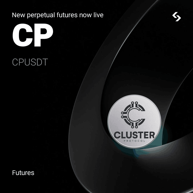 A dark promotional graphic announcing 'New perpetual futures now live' for CP (CPUSDT) on Cluster Protocol with its silver logo displayed.