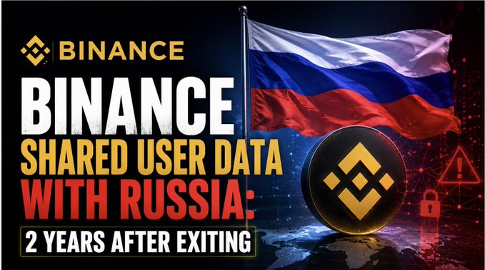 A news-style graphic with the Binance logo, featuring text 'BINANCE SHARED USER DATA WITH RUSSIA: 2 YEARS AFTER EXITING' alongside the Russian flag.