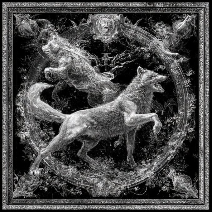 A detailed black and white illustration in an ornate frame, depicting a mythical scene with a lion-like creature and a wolf surrounded by floral patterns and a decorative border.