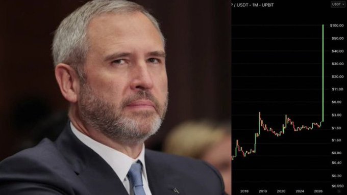 The image shows a side-by-side of a serious-looking man in a suit beside a USDT crypto chart with a dramatic upward spike. The caption ties this to the post by suggesting the man's expression reflects concern while the chart represents a family member's crypto gains that will "set them for life."