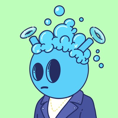 A cartoon illustration of a blue alien-like character with an open mind, depicted with a bubbling brain and floating rings around its head against a green background.