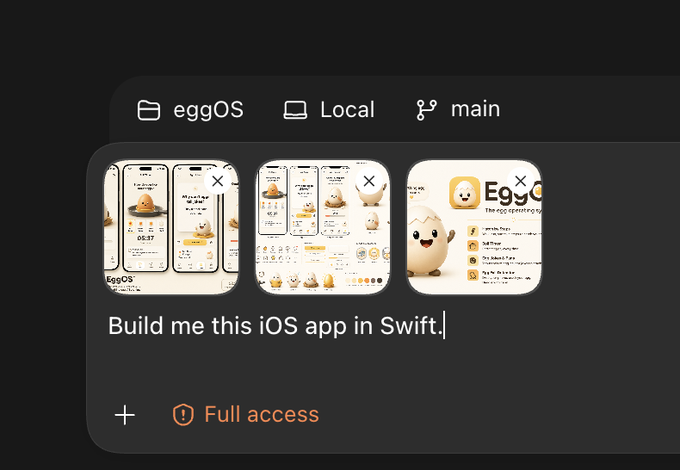 The image shows a screenshot of an AI assistant interface with the prompt "Build me this iOS app in Swift" alongside reference images of an "eggOS" egg-themed app, with "Full access" enabled below. This relates to the post by demonstrating Sol's capability to generate code for a fully designed iOS app concept based on visual references.
