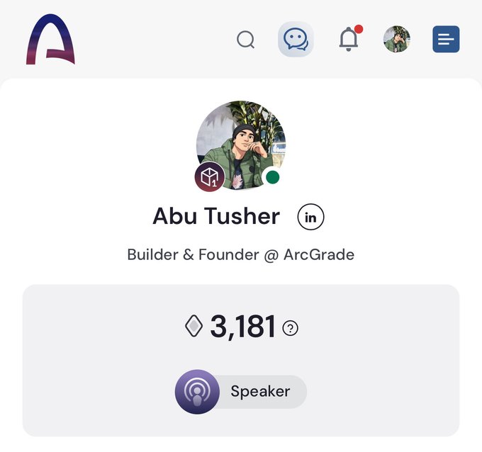 A profile screenshot showing the name 'Abu Tusher' as 'Builder & Founder @ ArcGrade' with 3,181 followers and a 'Speaker' badge.