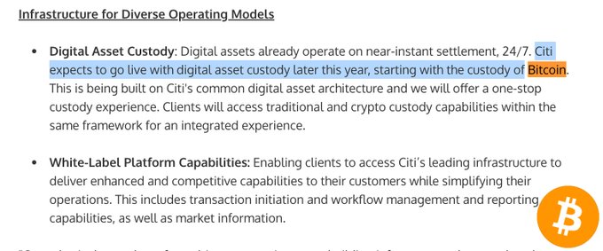 Citi announces plans to launch digital asset custody for Bitcoin and other cryptos later this year, offering institutional clients an integrated one-stop custody experience alongside traditional assets—highlighting the institutional infrastructure gap that the post addresses, where funds cannot self-custody and must rely on trusted third parties like Citi to hold their keys.