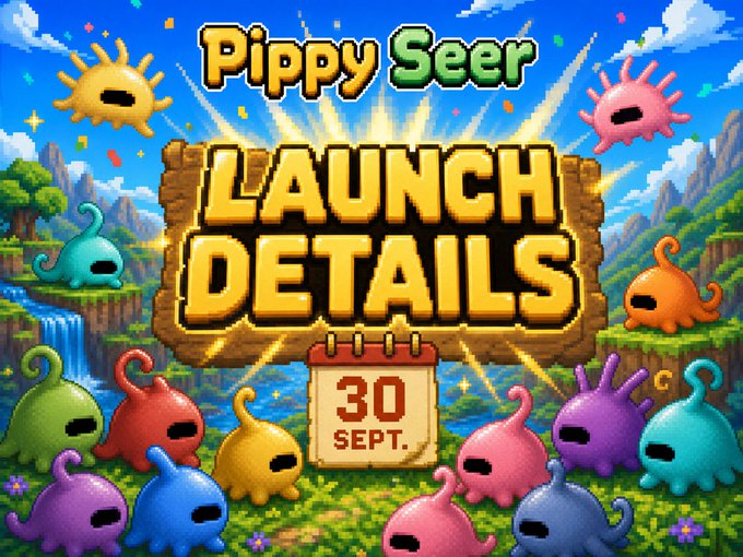A colorful pixel art promotional graphic titled "Pippy Seer LAUNCH DETAILS" with a date of "30 SEPT." surrounded by various colorful monster characters.