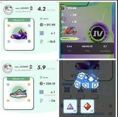 The image shows a screen displaying three different pictures of men's shoes, accompanied by details such as price tags and gameplay information. The first two pairs of shoes have purple laces, while the third pair has blue laces. Each pair of shoes has its own price tag attached to it, making the display visually appealing for those interested in purchasing the items shown. The screens also include a list of games that can be played with these shoes and information about steps taken during gameplay.