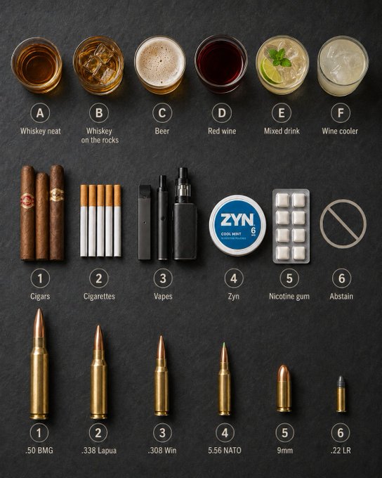 A comparison chart displaying various alcoholic beverages (Whiskey neat, Whiskey on the rocks, Beer, Red wine, Mixed drink, Wine cooler), nicotine products (Cigars, Cigarettes, Vapes, Zyn, Nicotine gum, Abstain), and ammunition calibers (.50 BMG, .338 Lapua, .308 Win, 5.56 NATO, 9mm, .22 LR) arranged in numbered rows from A-F and 1-6 on a dark background, corresponding to the "C24" labeling system for categorized comparison.