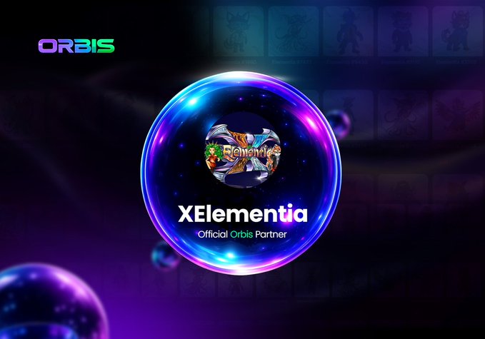 A digital banner shows the 'ORBIS' logo alongside an XElementia partner badge featuring a character named 'Elementia' inside a glowing blue and purple orb.