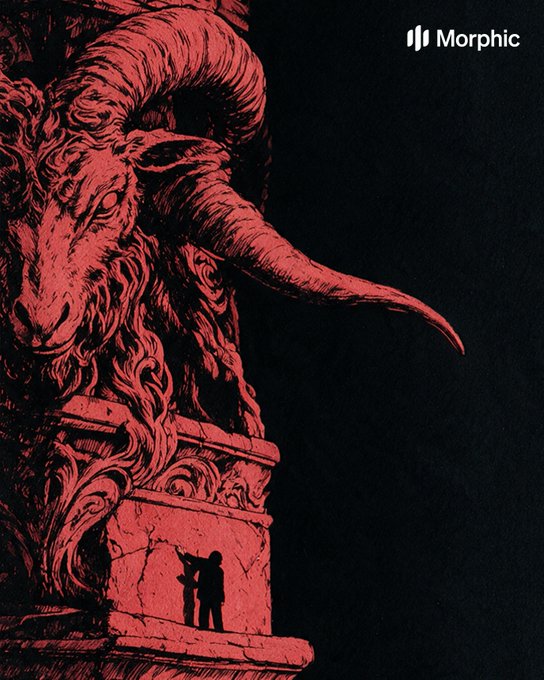 Dark, dramatic illustration with a red color palette featuring a large ram or goat head carved into stone architecture, with a tiny silhouetted figure of an adult and child standing on a ledge, branded with "Morphic" logo in the top right corner.