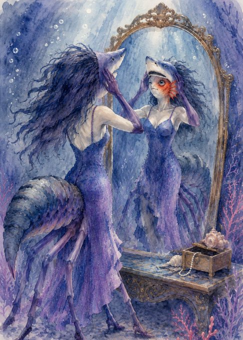 A watercolor painting depicting a surreal scene where a woman in a purple dress stares into an ornate mirror, only to see a monstrous, shark-headed reflection of herself in a deep underwater setting.