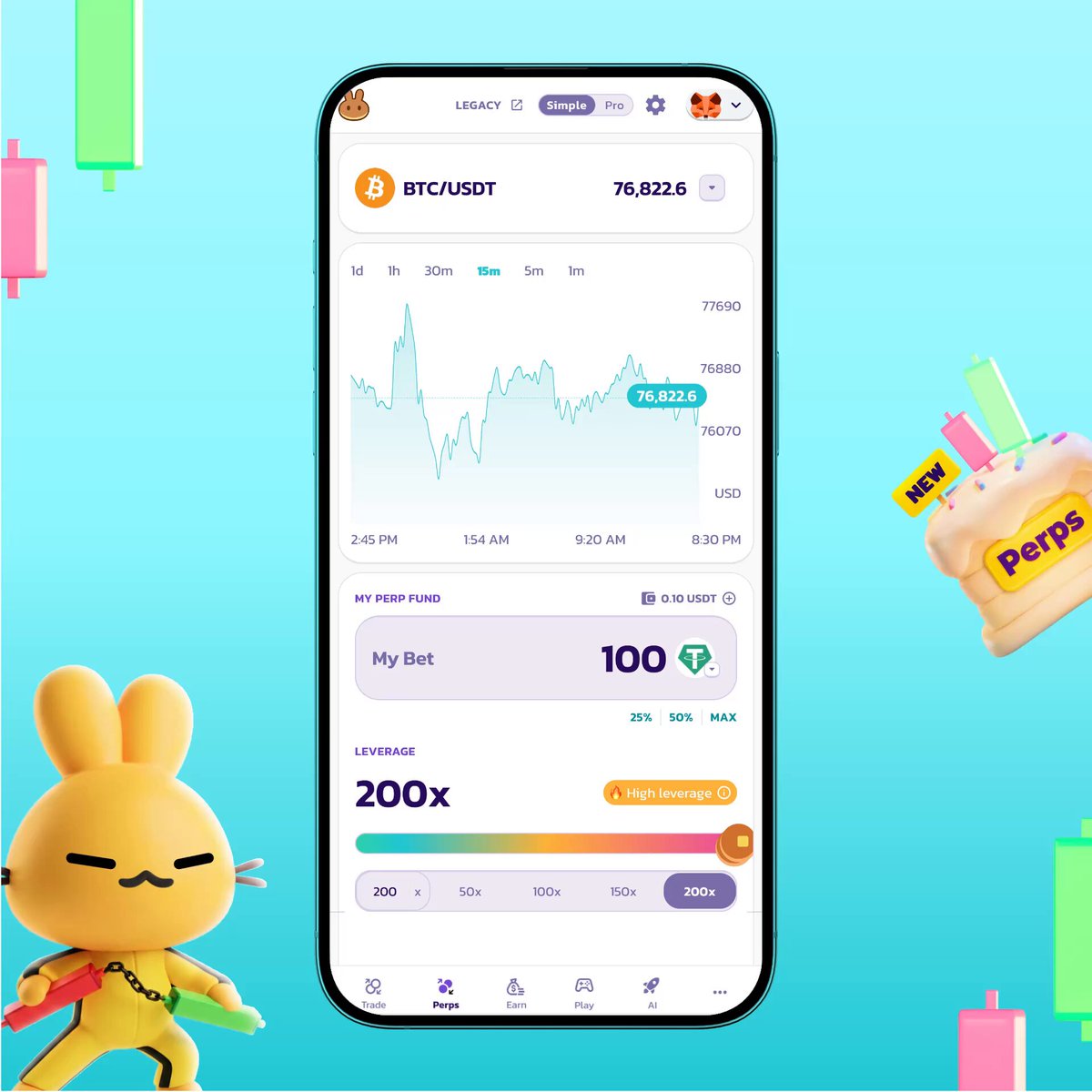 The image features a cell phone screen displaying information about trading options for Bitcoin. There are two main elements visible - a cartoon rabbit character standing next to the phone, and a graph showing the current value of Bitcoin over time. The rabbit appears to be holding a wallet with a balance of 100 Bitcoins displayed on it.