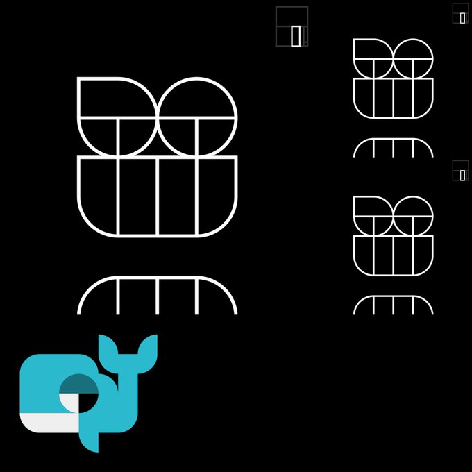 A black background featuring minimalist white geometric logo designs and a cyan whale logo in the bottom left corner.