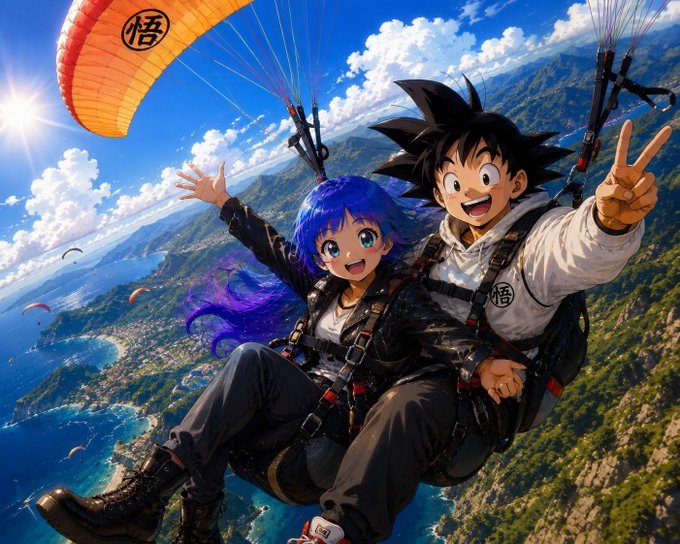 An anime-style illustration of two characters paragliding over a coastal landscape, one wearing a shirt with the Chinese character '悟' (Wu).