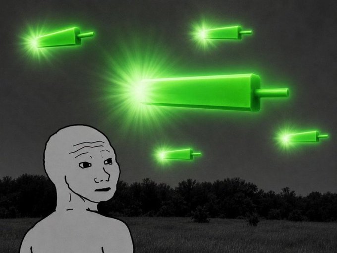 A gray, expressionless "Wojak" figure stares up at a fleet of glowing green rocket-shaped candlesticks soaring across a dark sky, with the largest one dominating the center. The image humorously captures the classic crypto trader's reaction of helpless awe as a coin (likely referencing a meme token with the ticker "GM") blasts off in a parabolic rally.