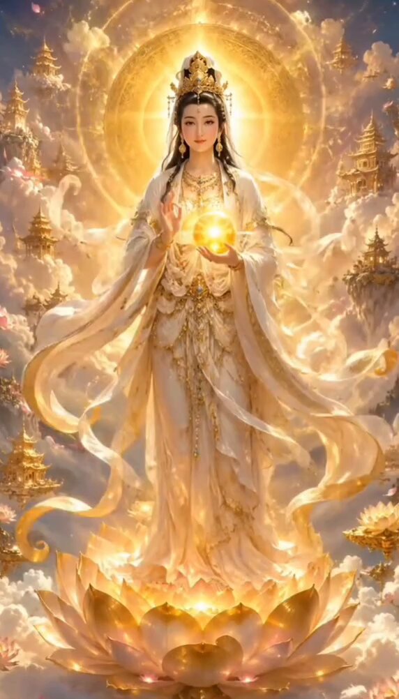 The image features a beautiful illustration of a white goddess with long hair, wearing a golden crown and holding a golden orb in her hands. The goddess is standing atop a lotus flower, surrounded by clouds that give the impression of floating above her. The background includes other religious figures or symbols, suggesting a connection to a specific faith tradition. The image also contains text that reads "Trong Web3 hiện tại, hầu hết các ứng dụng đều phải chạy trên các chain chung สามียง (như Ethereum ทรัด, Solana ทรัด)". The image is a captivating representation of the goddess and her connection to the digital world.