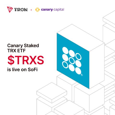 The image announces that the Canary Staked TRX ETF (ticker $TRXS) is now live on SoFi, featuring a collaboration between TRON and Canary Capital alongside a teal 3D cube graphic. The visual promotes $TRX's expanded accessibility into traditional finance, following its listings on Cboe, Vanguard, and Fidelity.