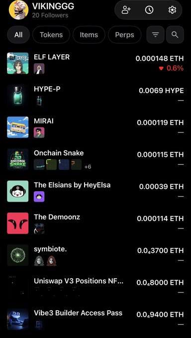 A mobile app screen showing a NFT/collectibles marketplace with the profile 'VIKINGGG' (20 Followers), listing items like ELF LAYER, HYPE-P, MIRAI, Onchain Snake, The Elsians, The Demoonz, and symboliote. with their ETH prices.