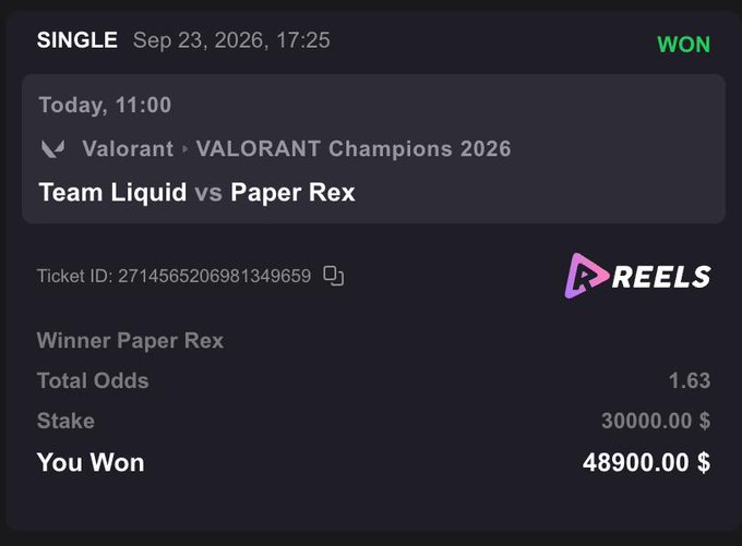 A betting slip on REELS shows a "WON" single bet on Paper Rex defeating Team Liquid in the VALORANT Champions 2026, with a $30,000 stake yielding a $48,900 payout at 1.63 odds. The caption "Nice W - drop your solana wallets" celebrates the win while soliciting crypto wallet tips from viewers.