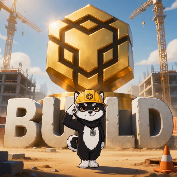 A cartoon Shiba Inu mascot wearing a construction hard hat salutes in front of a massive golden token and the bold word "BUILD" at a construction site, visually embodying the post's message that memecoins like $MAME are focused on real-world impact—shipping products and delivering backpacks and textbooks to children in Nigeria—rather than just chart performance.