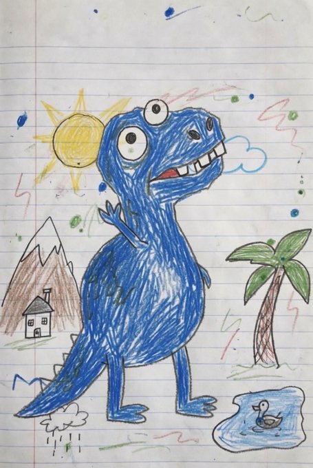 A child's colorful crayon drawing on lined notebook paper depicting a smiling blue T-Rex dinosaur in a landscape with a yellow sun, mountains, a small house, a palm tree, and a duck in a pond.