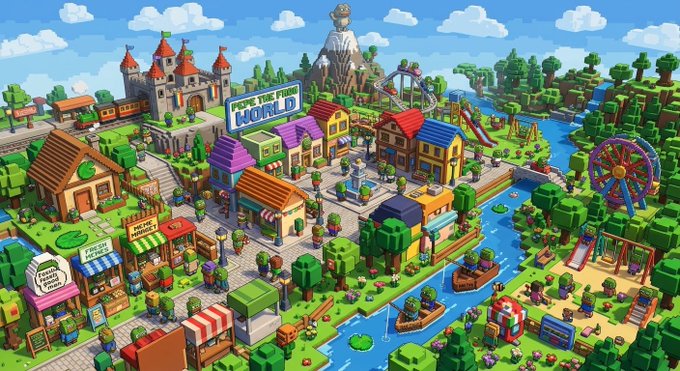 A colorful isometric cartoon town scene features shops, trees, a castle, a river, boats, an amusement-park area, and a sign reading “HOPE THE NEW WORLD.”