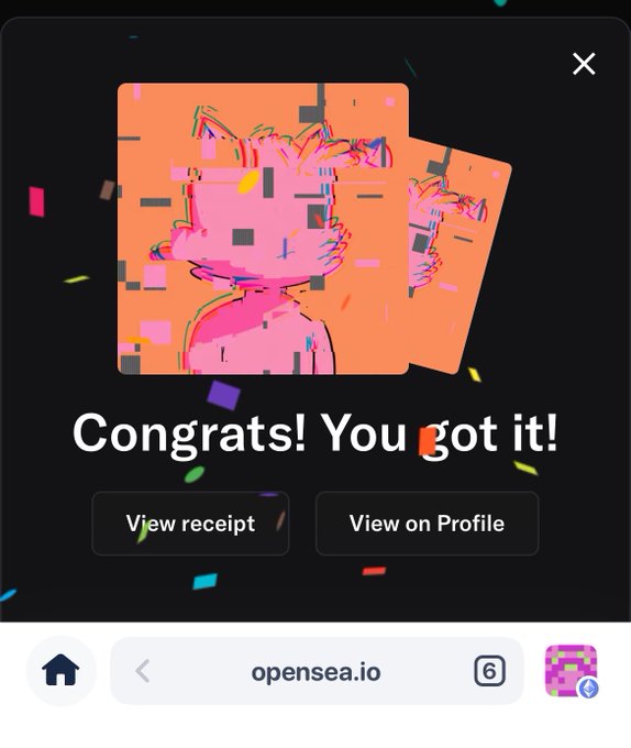 An OpenSea NFT purchase confirmation screen displays 'Congrats! You got it!' alongside a pink and orange abstract digital artwork with confetti.