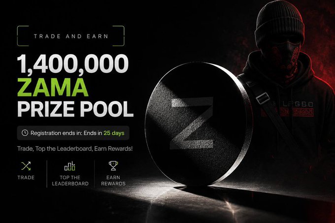 A promotional banner for a "TRADE AND EARN" event with a "1,400,000 ZAMA PRIZE POOL," showing a character in a beanie and mask next to a large Z coin.