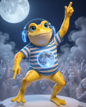 The image features a cartoon frog wearing headphones and standing on a white platform with its arms raised high above its head. The background of the image shows a full moon, which adds an element of fantasy or surrealism to the scene. The caption below the image reads "$Turbo keeps the feeling alive, we are unstoppable! #Crypto @TurboToadToken". This phrase is likely a reference to the popular cryptocurrency Ripple, and it seems that the frog character has been created as part of a digital art project or promotional campaign related to cryptocurrencies.