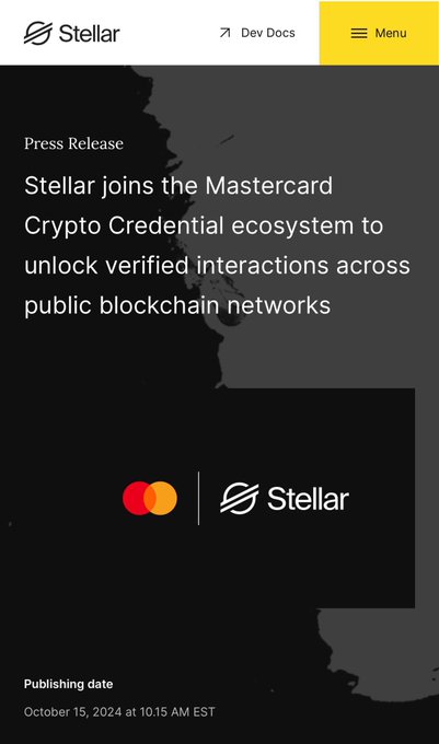 This image shows a black cell phone screen displaying an article about a company called 'Stellar'. The title of the article is displayed at the top, which reads "Remember: Stellar is also part of the Mastercard ecosystem. Documented." This suggests that the article may be discussing the relationship between the company and Mastercard or how the company has been included in the Mastercard ecosystem.