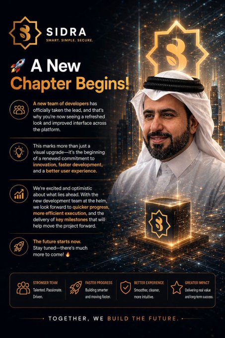 A promotional graphic for SIDRA featuring a man in traditional Gulf attire alongside a glowing golden platform with the SIDRA logo, announcing "A New Chapter Begins!" and highlighting four key benefits: Stronger Team, Faster Progress, Better Experience, and Greater Impact, tying directly to the post's announcement of a new development team leading the platform's future.
