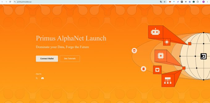A website landing page for 'Primus AlphaNet Launch' with the tagline 'Dominate your Data, Forge the Future,' featuring 'Connect Wallet' and 'See Tutorials' buttons alongside orange tech-themed graphics.