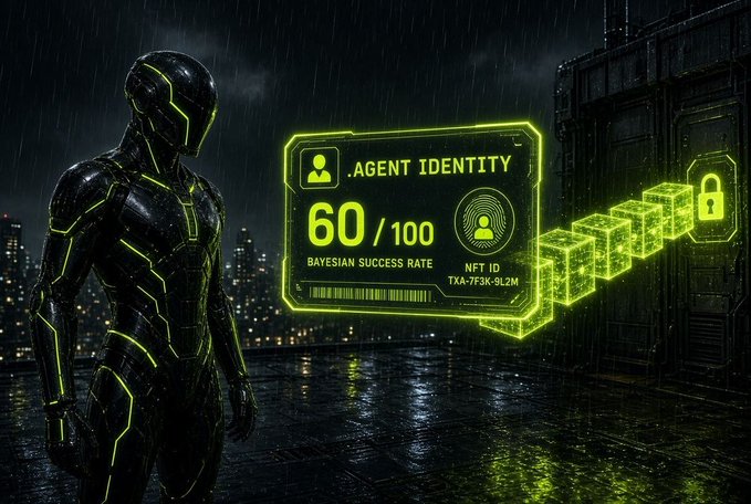 A digital sci-fi illustration of a black-suited figure with glowing yellow accents standing next to a holographic ID card showing an 'AGENT IDENTITY' with a '60/100 BAYESIAN SUCCESS RATE'.