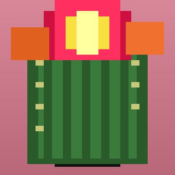 A simple pixel art illustration of a green cactus with orange arms and a yellow flower blooming on top, set against a pink background.