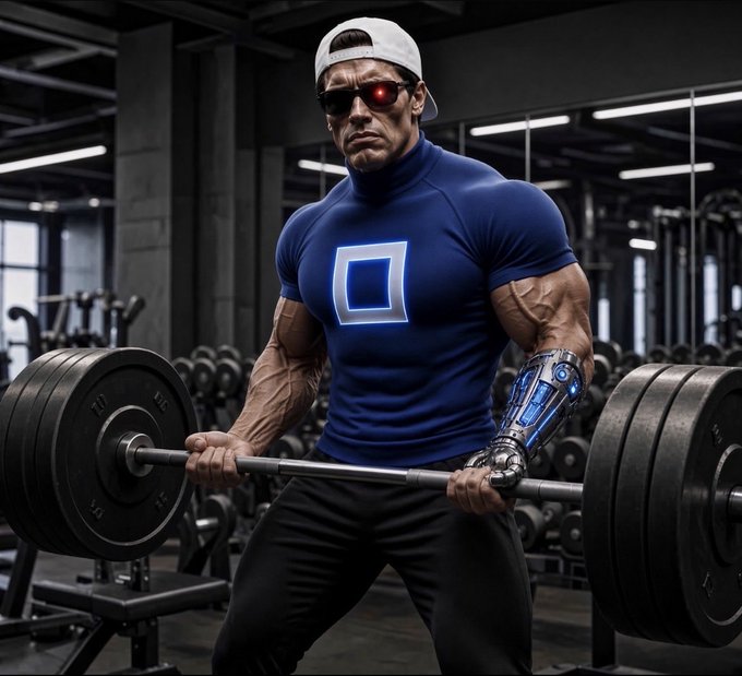 A muscular man in a gym wearing a blue compression shirt with a glowing square logo, sunglasses, a backwards cap, and a cybernetic prosthetic arm, lifting a heavy barbell.