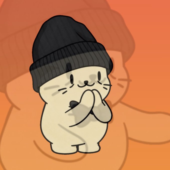 A cartoon illustration depicts a small, cute beige cat wearing a black ribbed beanie with its paws pressed together.