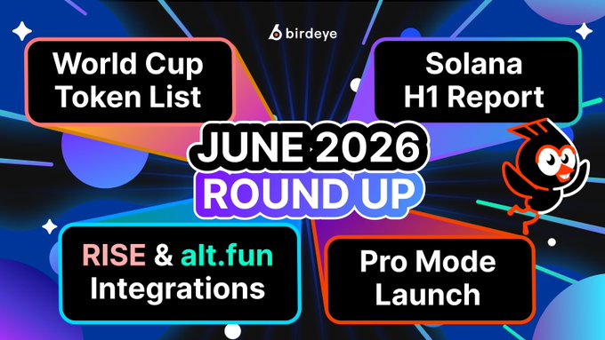 The image is a colorful "June 2026 Round Up" graphic from Birdeye highlighting four key updates: the World Cup Token List, Solana H1 Report, RISE & alt.fun Integrations, and Pro Mode Launch, which visually summarizes the post's recap of Birdeye's June product releases and ecosystem expansions.