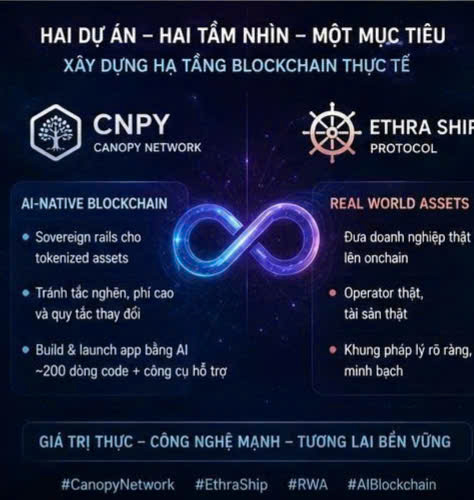 A promotional graphic for Canopy Network (CNPY) and Ethra Ship Protocol, highlighting 'HAI DỰ ÁN – HAI TẦM NHÌN – MỘT MỤC TIÊU' with features like AI-native blockchain, sovereign rails for tokenized assets, and Real World Assets (RWA), tagged #CanopyNetwork #EthraShip #RWA #AIBlockchain.
