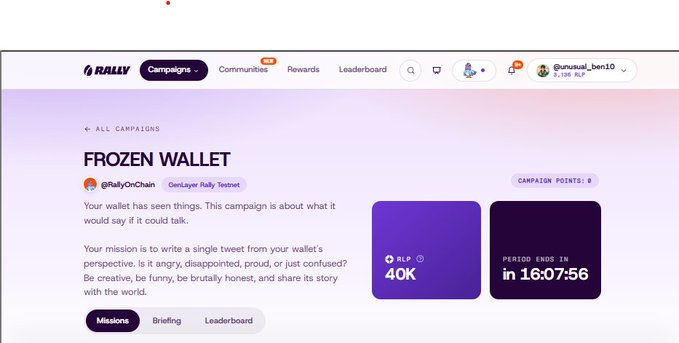 The image shows a Rally.io "Frozen Wallet" campaign page by @RallyOnChain, offering 40K RLP points with a 16:07:56 countdown. The campaign's theme of a wallet that "sees things" and begs to be honest humorously matches the post's narration of a wallet being reluctantly dragged through reckless trades.