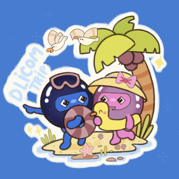 A colorful cartoon sticker with 'DLCOM TRIP' text, featuring cute characters enjoying a beach scene with a palm tree, rubber duck, life preserver, and flying birds.