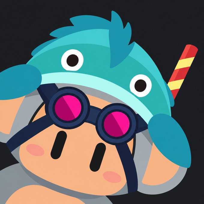 A cartoon character wearing a teal helmet with an angry face design, pink-tinted goggles, and a striped stick protruding from the back.