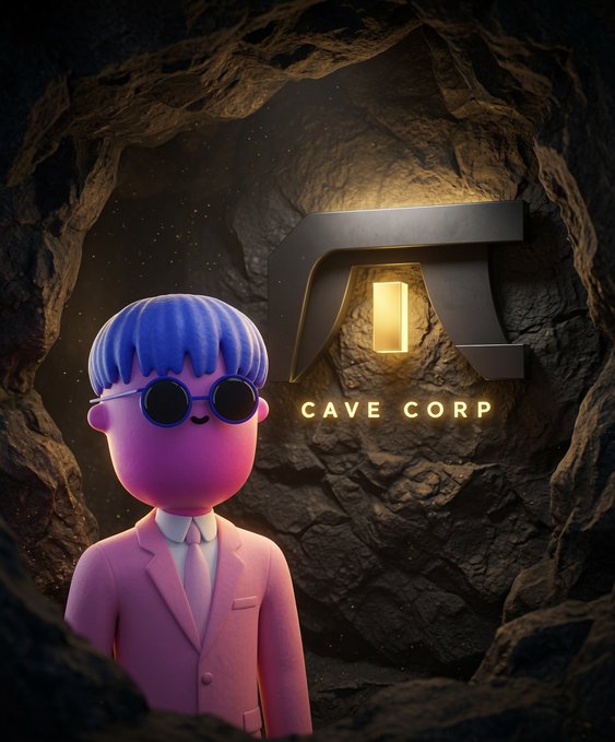 3D-rendered graphic showing a stylized purple and pink figure in a suit and round sunglasses standing in a rocky cave, next to a metallic logo with the text 'CAVE CORP'.