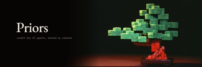 A minimalist dark image featuring a green, pixelated block tree on a red base next to the text 'Priors - credit for AI agents, backed by someone'.