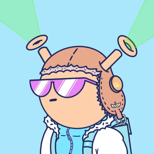 A cartoon illustration of a character wearing a furry aviator hat with propellers, purple-tinted sunglasses, and a white jacket with fur trim, set against a light blue background with green geometric shapes.
