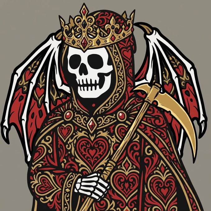 A stylized illustration depicts a skeletal grim reaper figure wearing an ornate gold crown and intricate red, black, and gold patterned robes with heart motifs, holding a golden scythe.