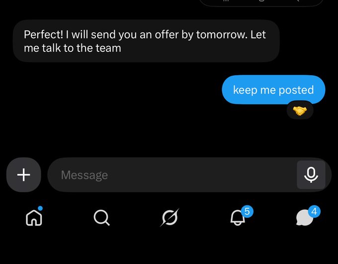 A dark-themed messaging app screenshot showing a conversation where someone says 'Perfect! I will send you an offer by tomorrow. Let me talk to the team' and the reply is 'keep me posted' with a handshake emoji.