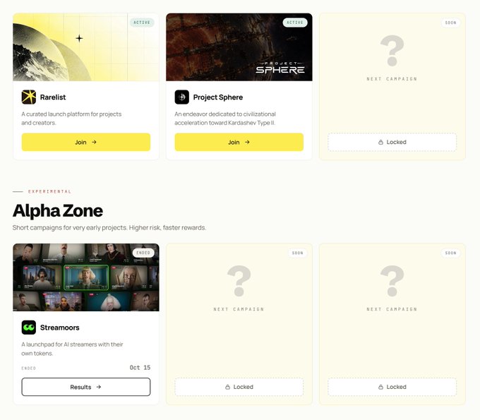 A platform interface showing project launch campaigns including 'Rarelist' (ACTIVE), 'Project Sphere' (ACTIVE), and an 'Alpha Zone' section featuring 'Streamoors' (ENDED Oct 15), with locked upcoming campaigns.