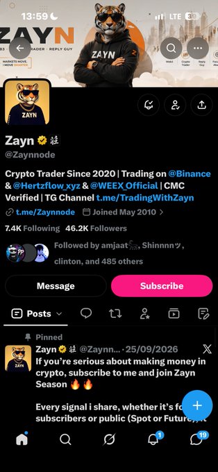 A Twitter/X profile for crypto trader 'Zayn' (@Zaynnode) showing 7.4K Following, 46.2K Followers, a pinned post about 'Zayn Season' crypto signals, and mentions of Binance, Hertzflow, and WEEX partnerships.