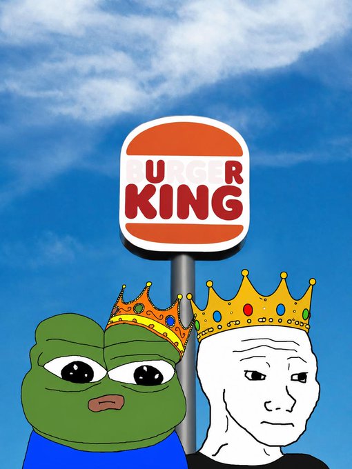 A Pepe the Frog and Wojak meme character, both wearing golden crowns, stand in front of a Burger King sign with the iconic "BURGER KING" text visible. The image plays on the "gm king" greeting and Pepecoin reference by merging the royal "King" theme with both the fast-food brand and the crowned meme characters.
