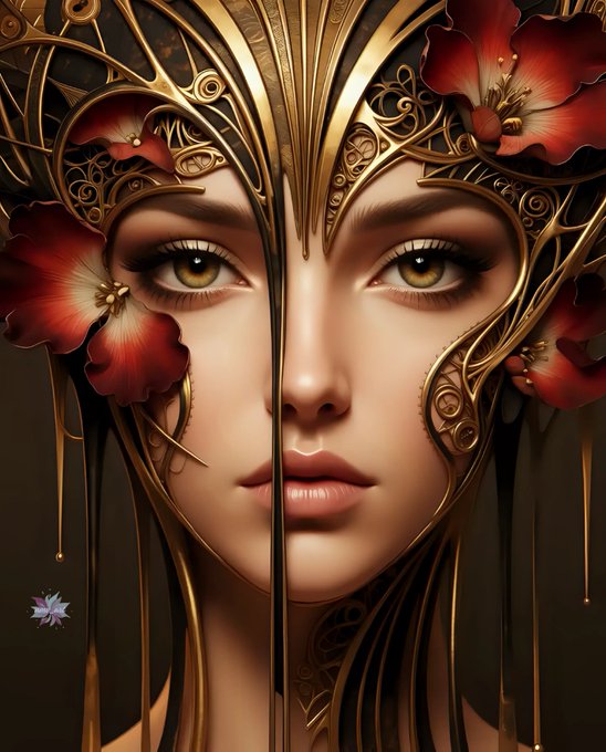 A close-up portrait of a woman with golden eyes wearing an elaborate gold filigree headdress decorated with red flowers, with two thin gold pieces framing her face.