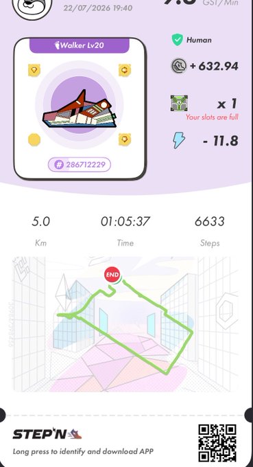 A STEP'N app screenshot showing a 'Walker Lv.20' sneaker NFT with stats: 5.0 km, 01:05:37 time, 6633 steps, earning +632.94 GST/Min, dated 22/07/2026.